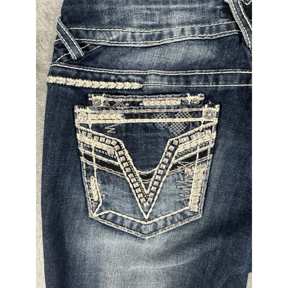 Vigoss Capri Jeans Womens W27 L21 Dublin Thick Stitch Embellished Whiskered Blue